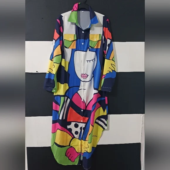 Women faces collage printed multicolor buttoned maxi dress - Picture 3 of 13